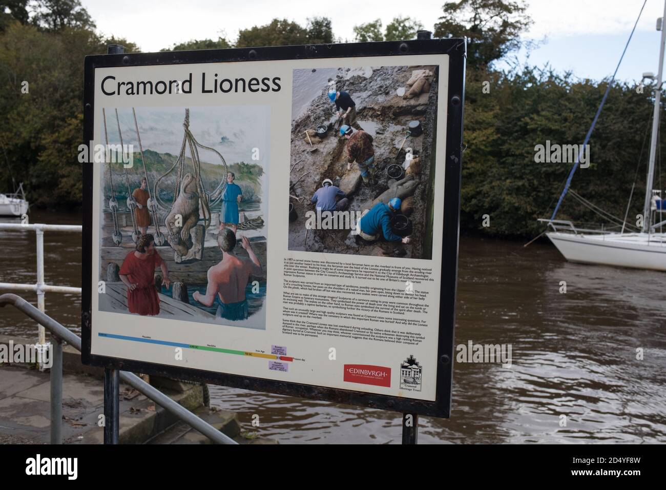 Site of the discovery of the 'Cramond Lioness' Roman sculpture, on the waterfront of the River Almond in Cramond, Scotland, 4 October 2020. Stock Photo