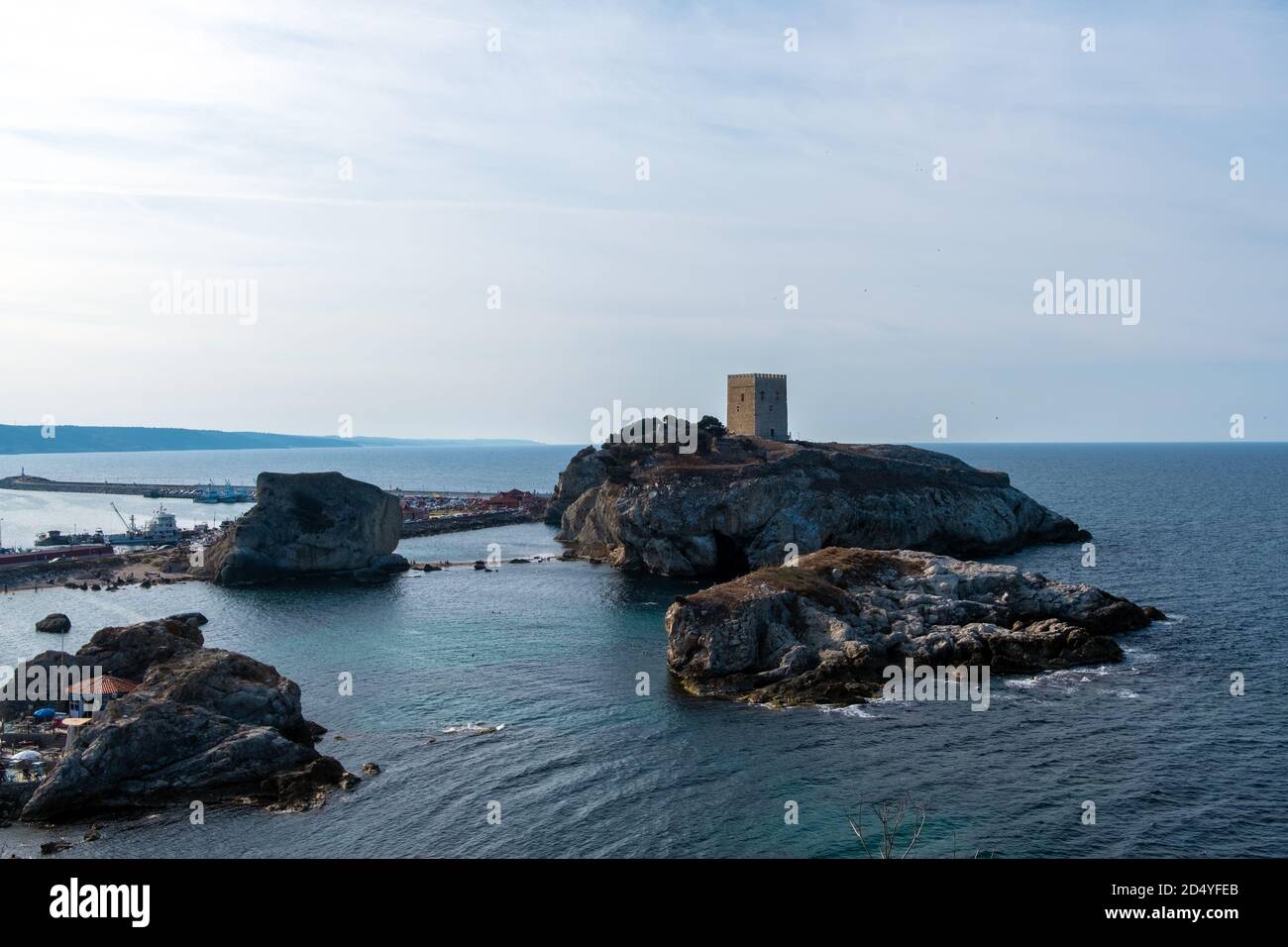 Panoramic view of Black sea and Shile castle. Şile kalesi. The photos of the Castle, Lighthouse and fishing port located in Şile. Stock Photo