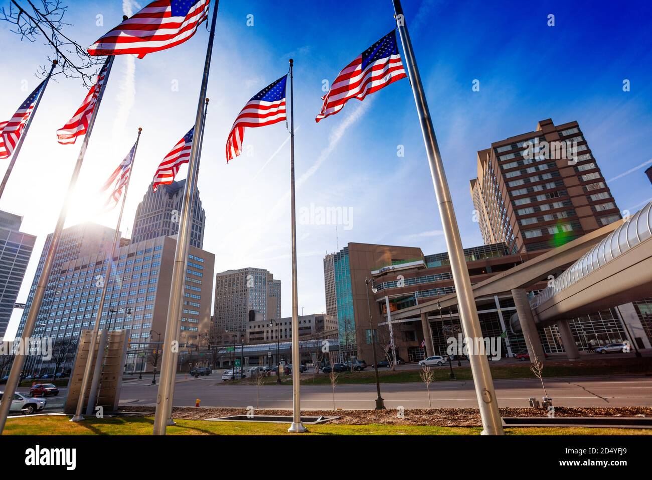 USA national flags poles on the Jefferson Avenue in Detroit, Michigan Stock Photo