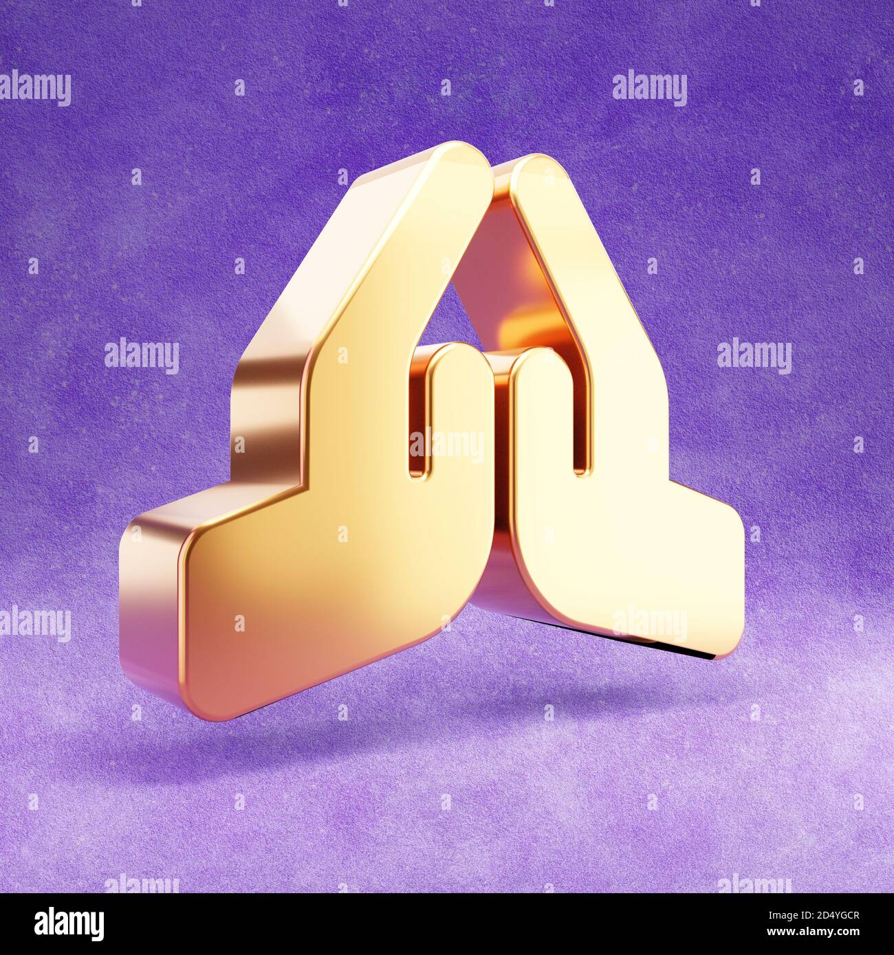 Pray icon Gold glossy Pray symbol isolated on violet velvet background Pray icon Gold glossy Pray symbol isolated on violet velvet background