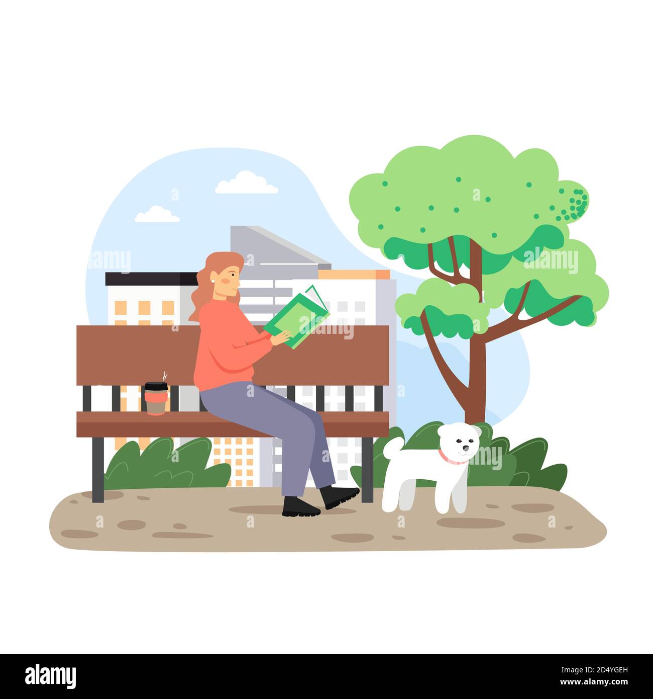 Girl reading book sitting on bench in city park, flat vector ...