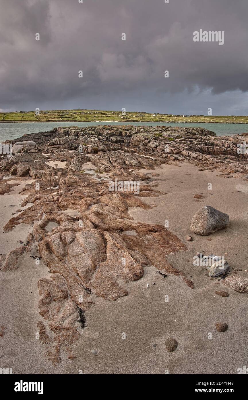 Rock formation on Omey Island, Ireland. Lonely beach in Connemara Nationalpark, Ireland. Stock Photo