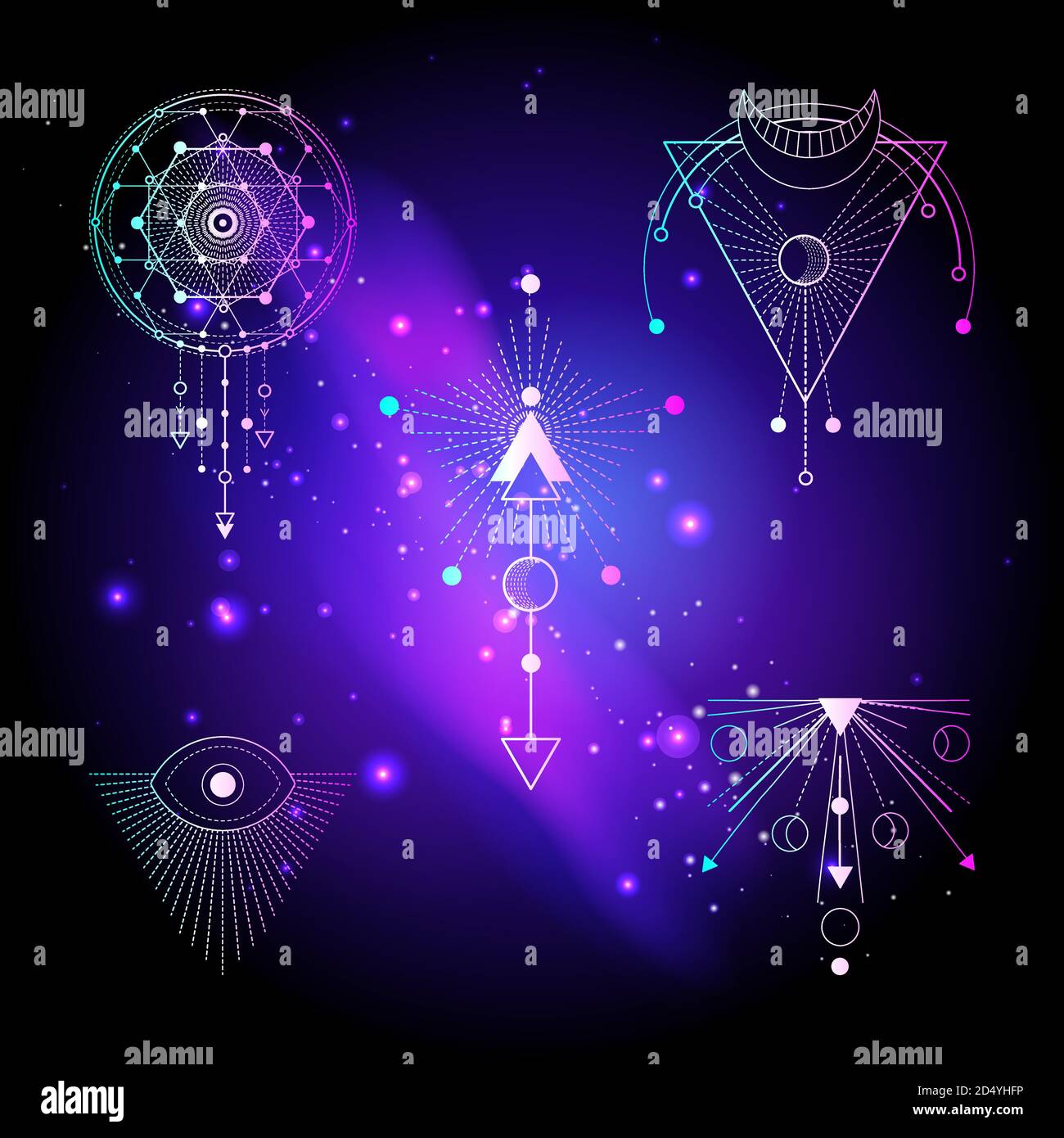 Vector illustration of Sacred or mystic symbols on abstract background. Geometric signs drawn in lines. Multicolored. For you design and magic craft. Stock Vector