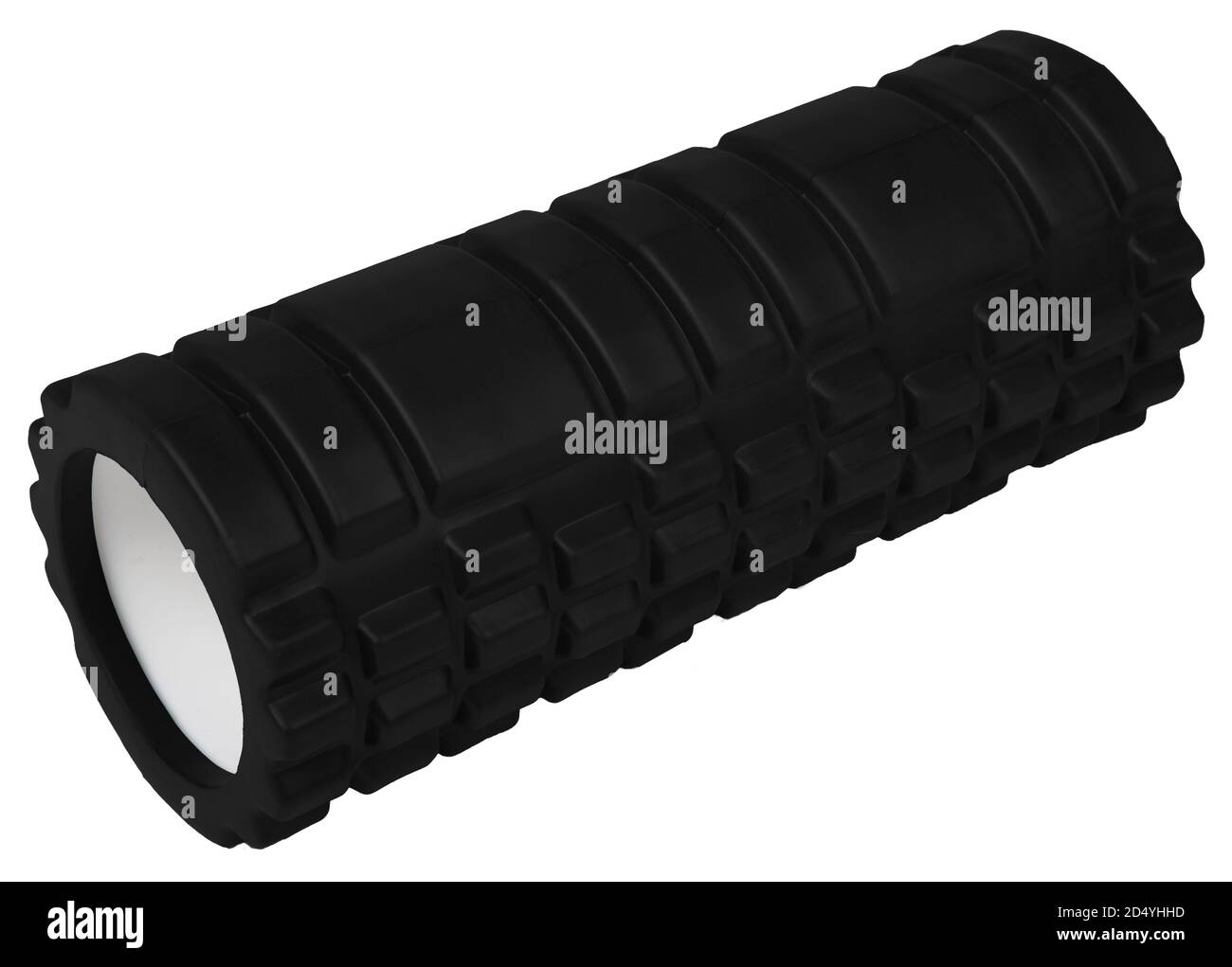 Black foam roller used in for muscles therapy on the white isolated