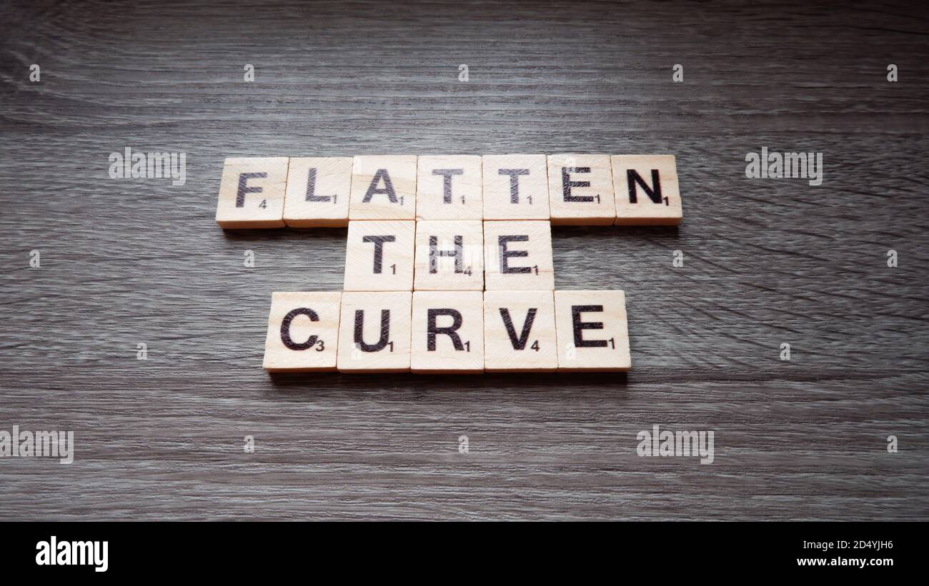 FLATTEN THE CURVE word text background Stock Photo
