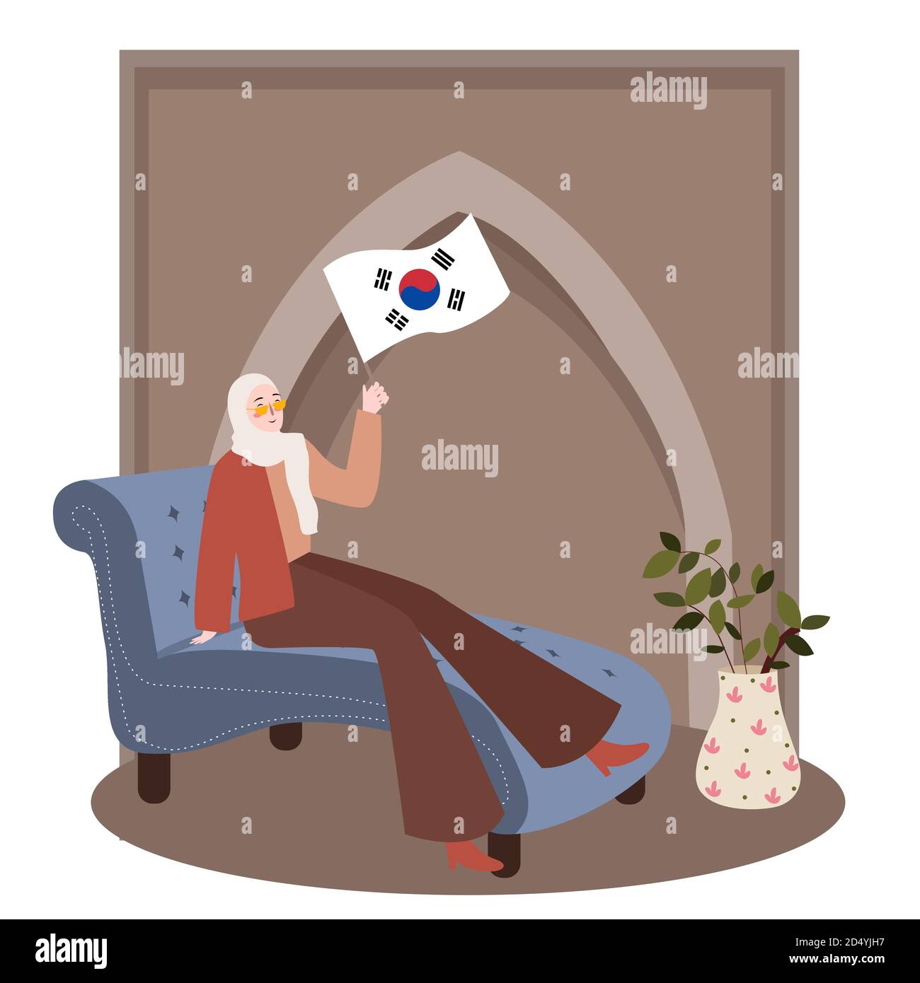 Muslim women sit on couch holding south korean flag national white isolated  background with flat cartoon style Stock Vector Image \u0026 Art - Alamy, image size:1300x1390