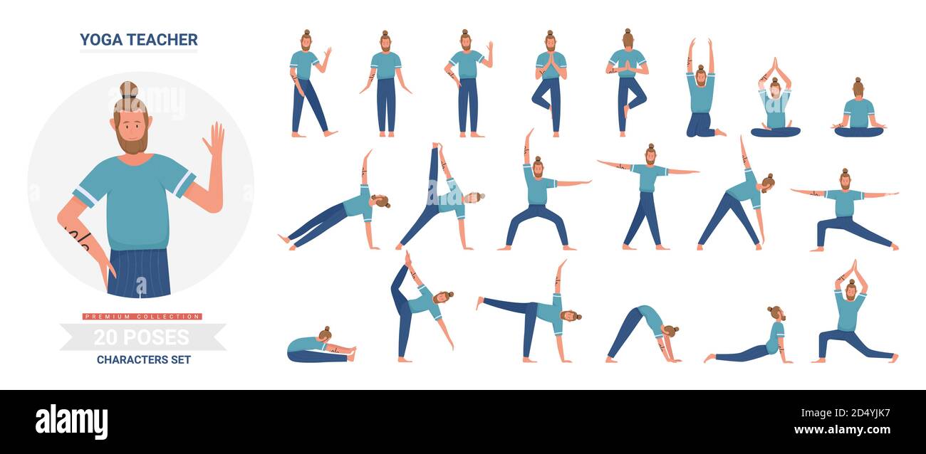 Yoga teacher poses vector illustration set. Cartoon flat yogist man character doing yogi asana exercise, meditating, sitting in lotus posture, infographic relaxation activity routine isolated on white Stock Vector