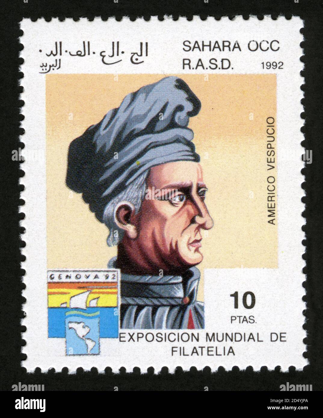 Stamp print in Sakhar Arab Democratic Republic, SADR,1992, Americo Vespucio, Cenova,92 Stock Photo