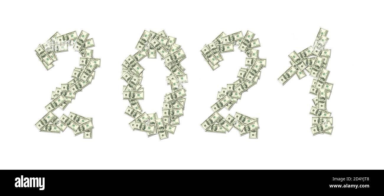 2021 written with 100 dollars banknotes isolated on white background Stock Photo