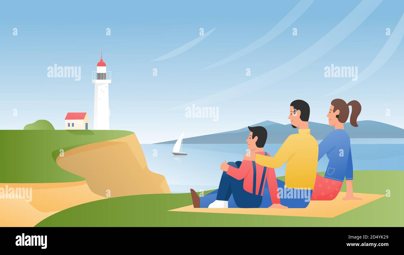 Family people enjoy nature landscape and lighthouse view vector illustration. Cartoon mother, father and child characters sitting on green grass sea shore, enjoying seascape with beacon background Stock Vector