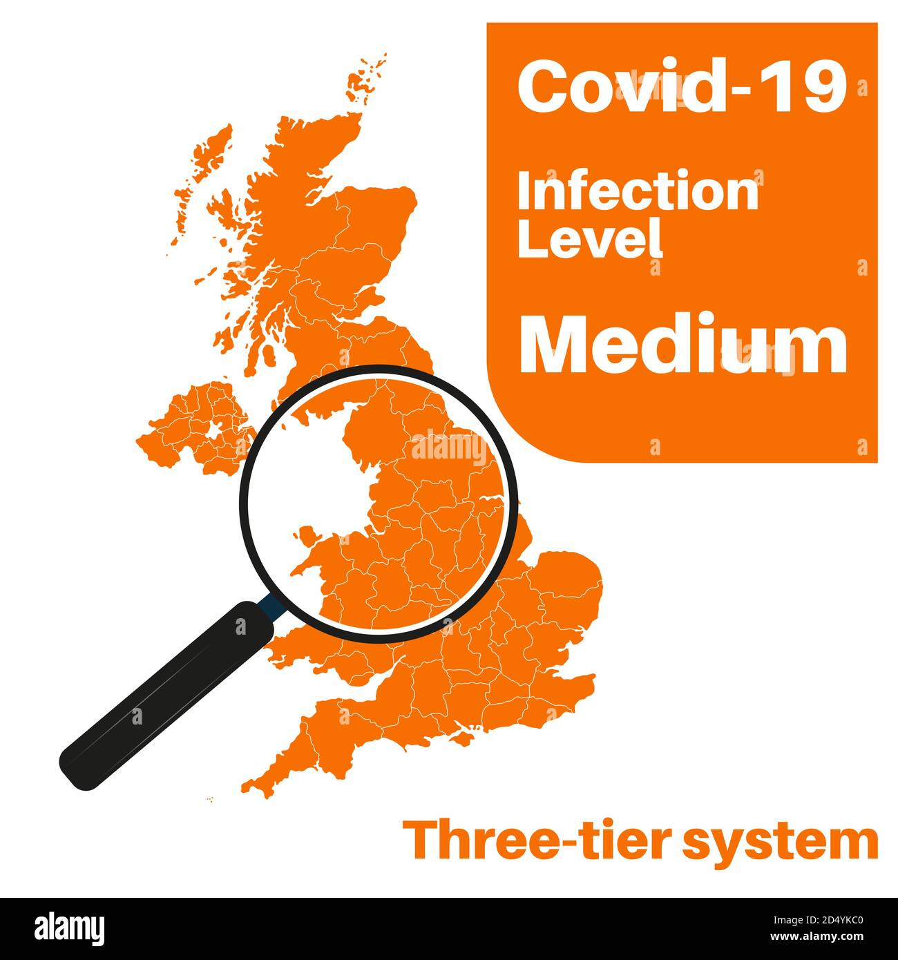 Covid-19 UK infection Level Medium with map and magnifying glass. Stock Vector