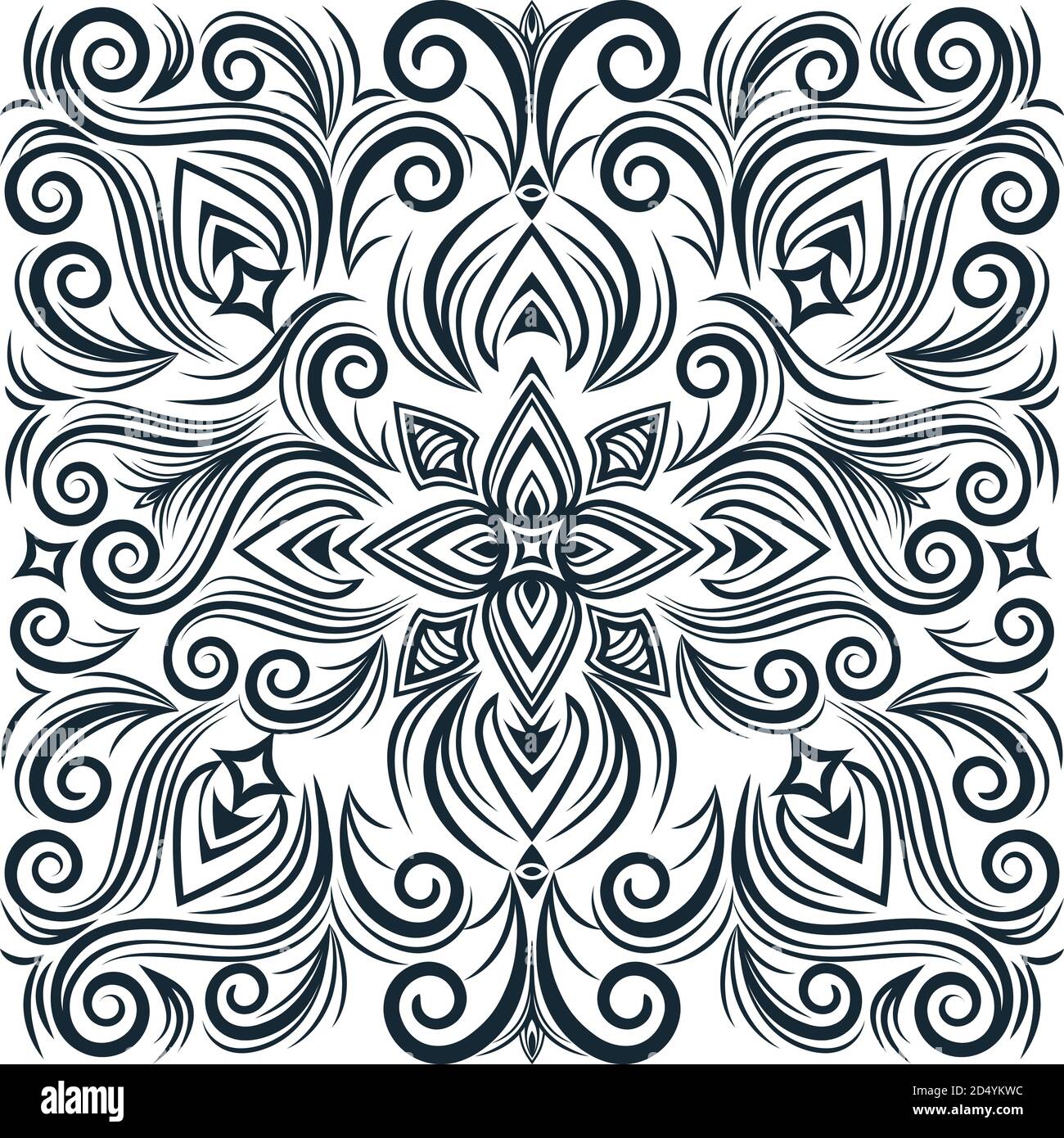 Vector abstract black and white ornament, curve swirls seamless pattern with flowers and curls, line ethnic drawing. Vintage traceries for fabric Stock Vector