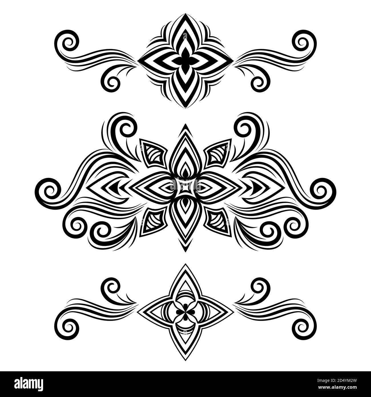 Set of vector abstract ornament, curve swirls patterns with flowers and curls, line ethnic drawing. Black vintage traceries isolated on white Stock Vector