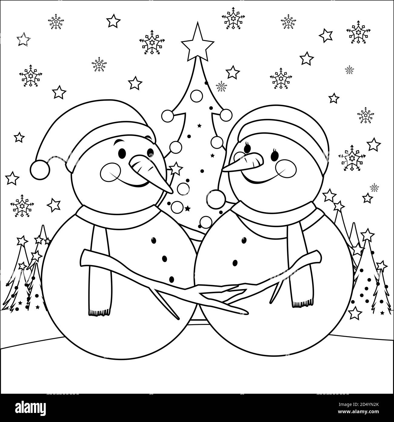 Cute Christmas snowmen. Black and white coloring page Stock Photo - Alamy