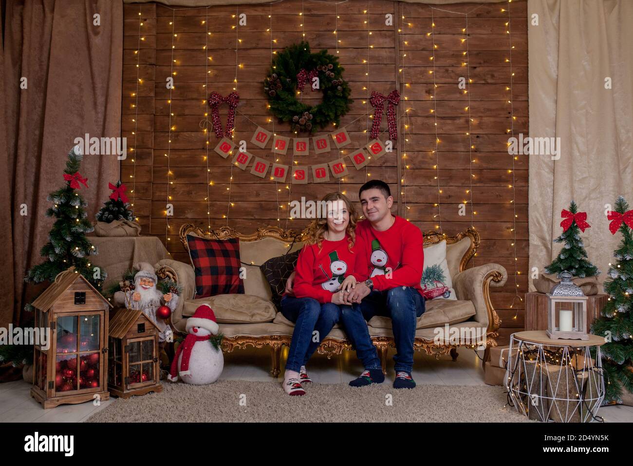 Christmas Family Portrait in Xmas Tree Interior Lights, Happy New Year ...