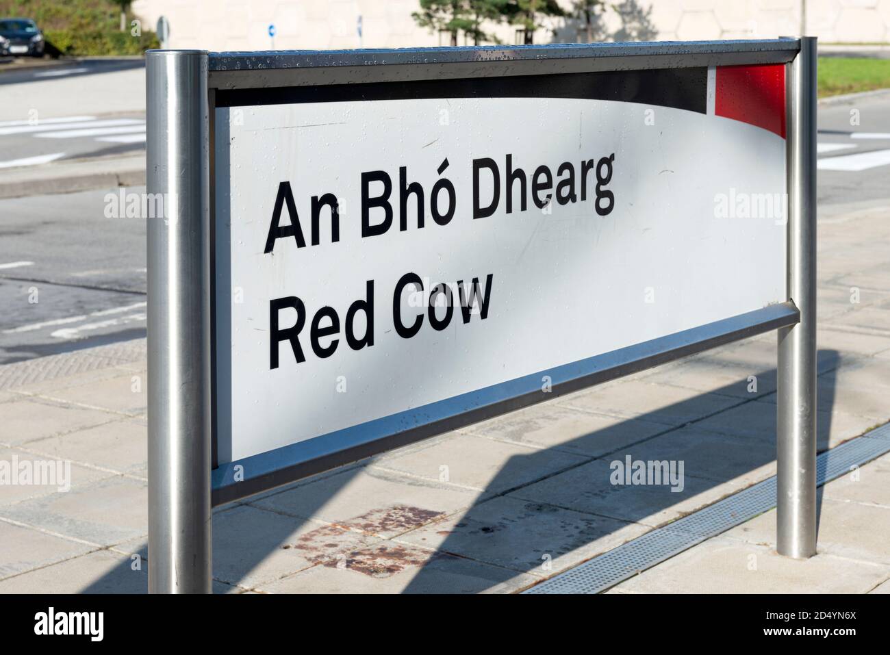 Red Cow signpost sign for the Luas tram stop and bus hub at the Red Cow Luas Stop in West Dublin, Ireland Stock Photo