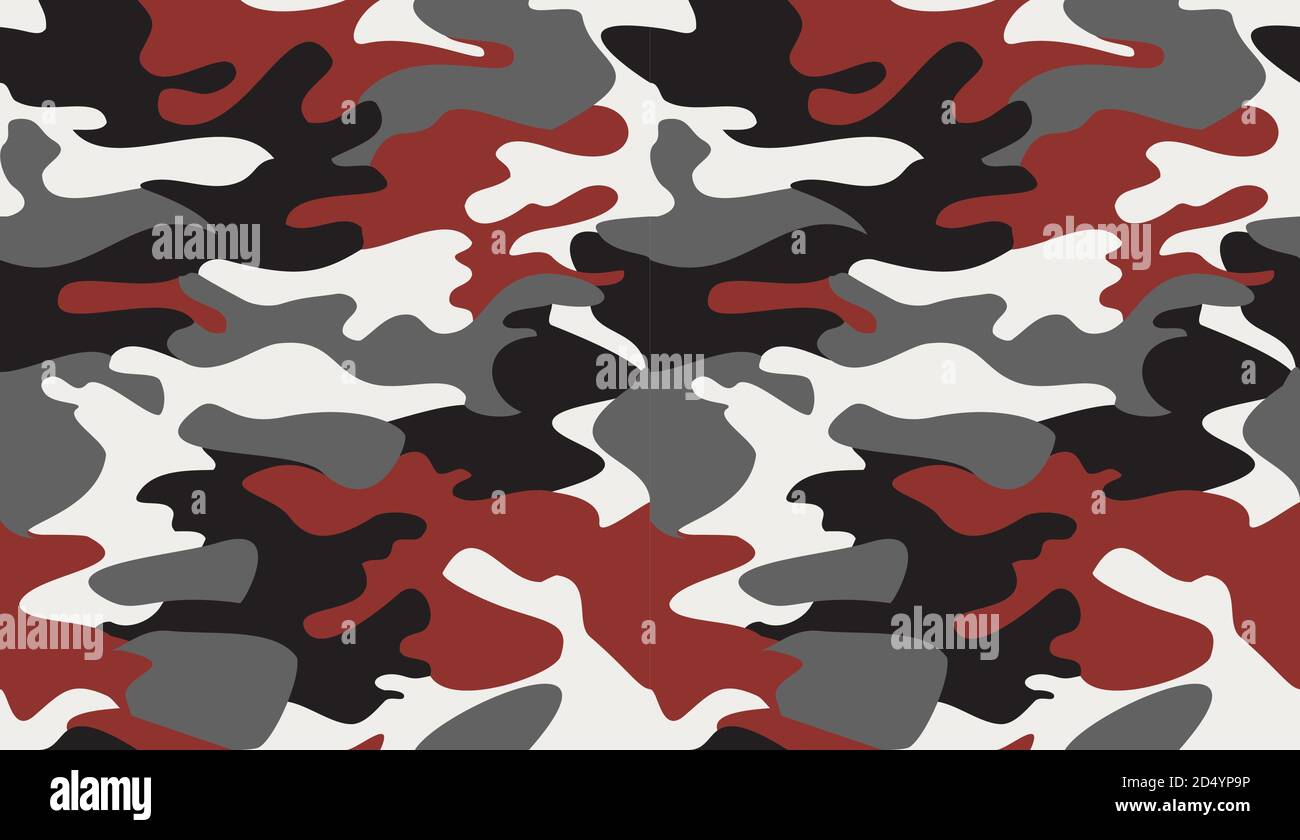 Seamless camouflage pattern background vector.Classic clothing style masking camo repeat print.Red black grey white colors texture design for virtual Stock Vector