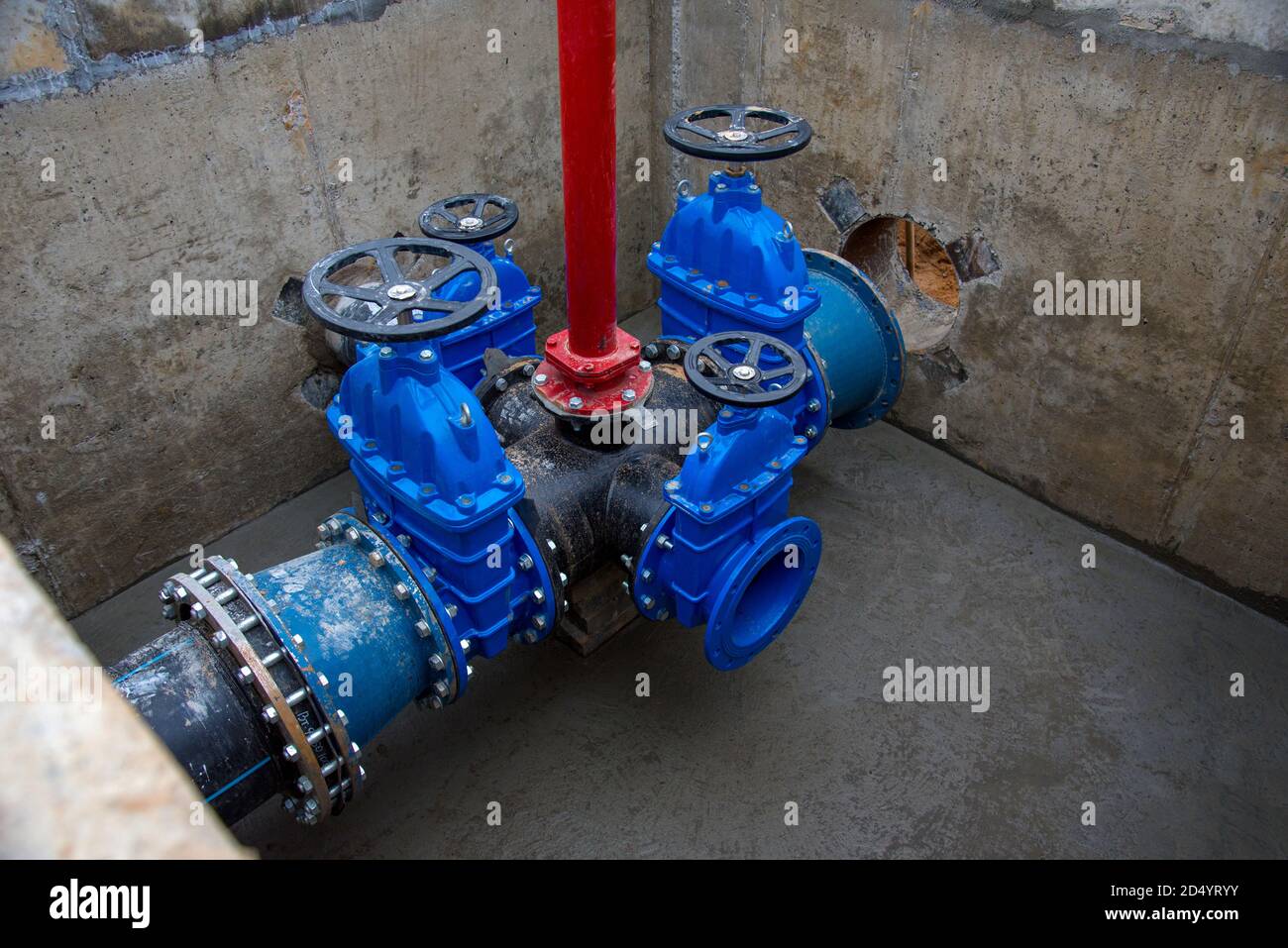 Gate valves in valve pit of the underground piping networks. Laying
