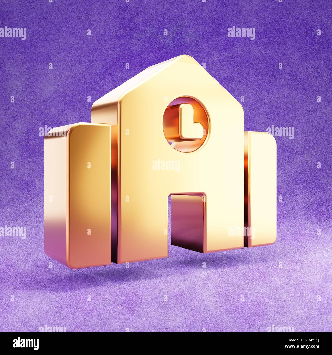 School icon. Gold glossy School symbol isolated on violet velvet ...