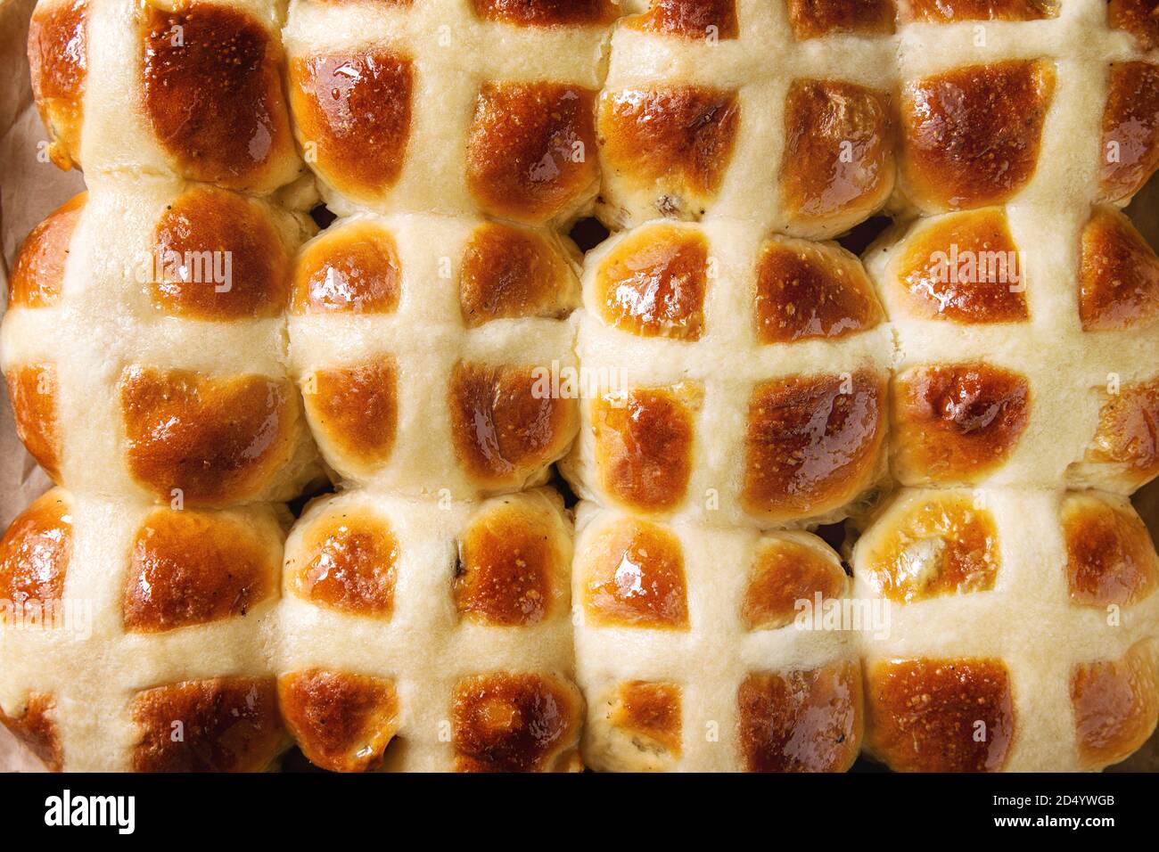 Close up of Homemade Easter traditional hot cross buns. Stock Photo