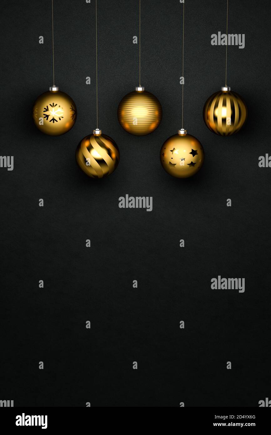 Golden Christmas Baubles with different designs hanging in front of a ...