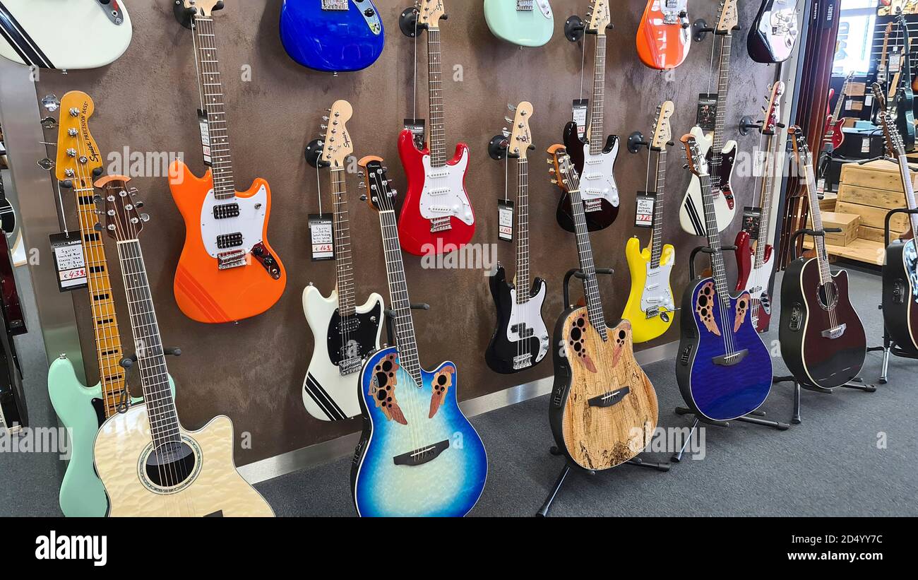 guitars in a music store, Germany Stock Photo