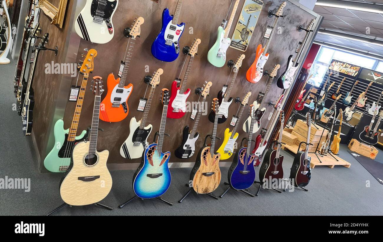 guitars in a music store, Germany Stock Photo