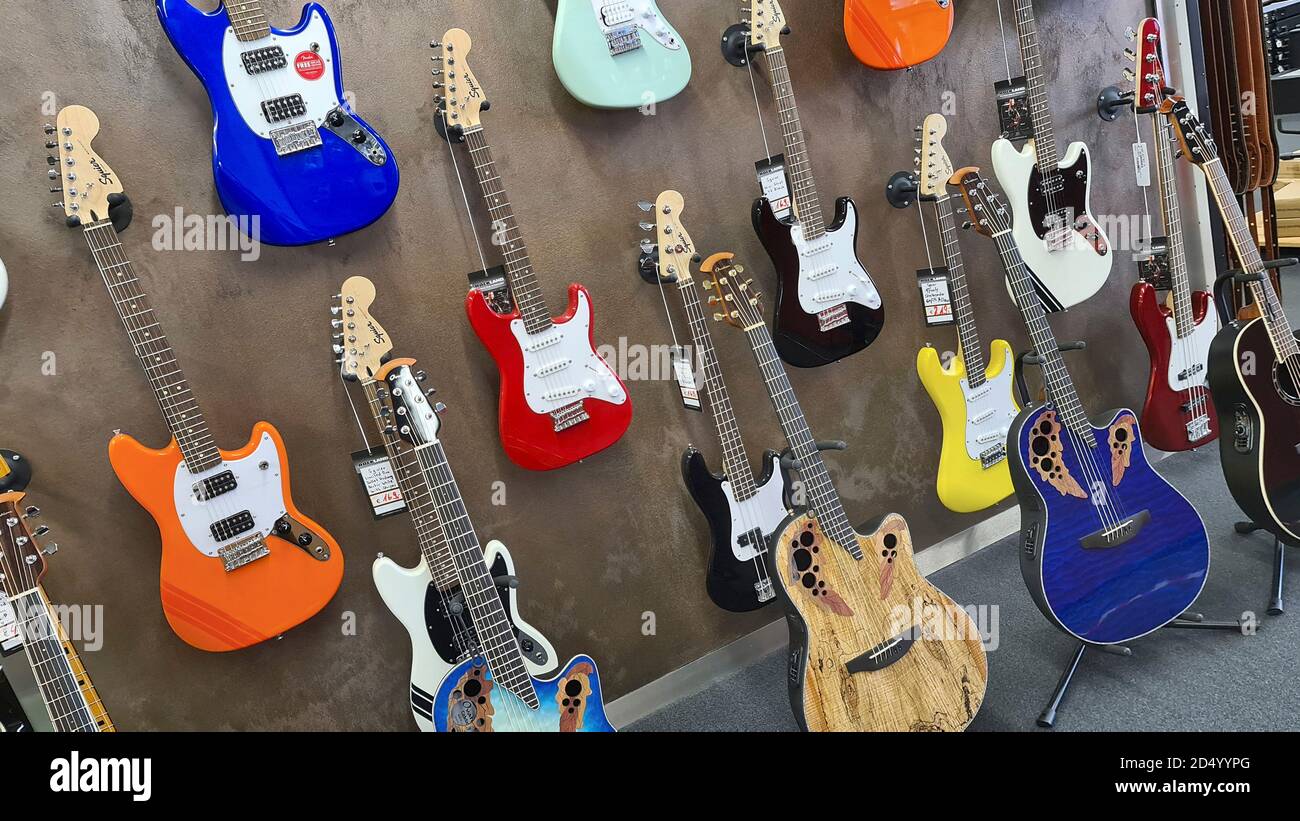 guitars in a music store, Germany Stock Photo