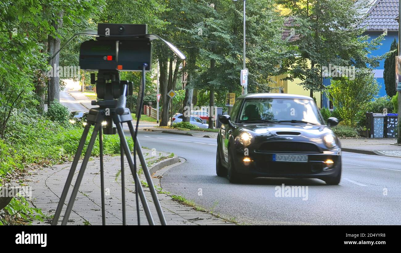 mobile radar trap, Germany, North RhineWestphalia Stock Photo Alamy