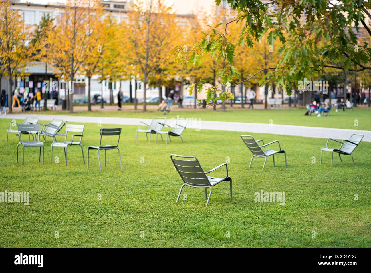 Green iron chairs on green lawn in empty public space. Autumn season