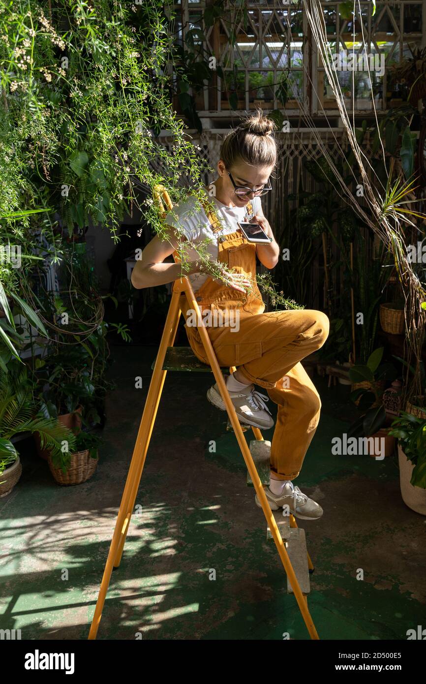 Smiling woman gardener in orange overalls sitting on stepladder, resting, takes a photo of houseplant twig on smartphone. Love for plants, hobby, indo Stock Photo