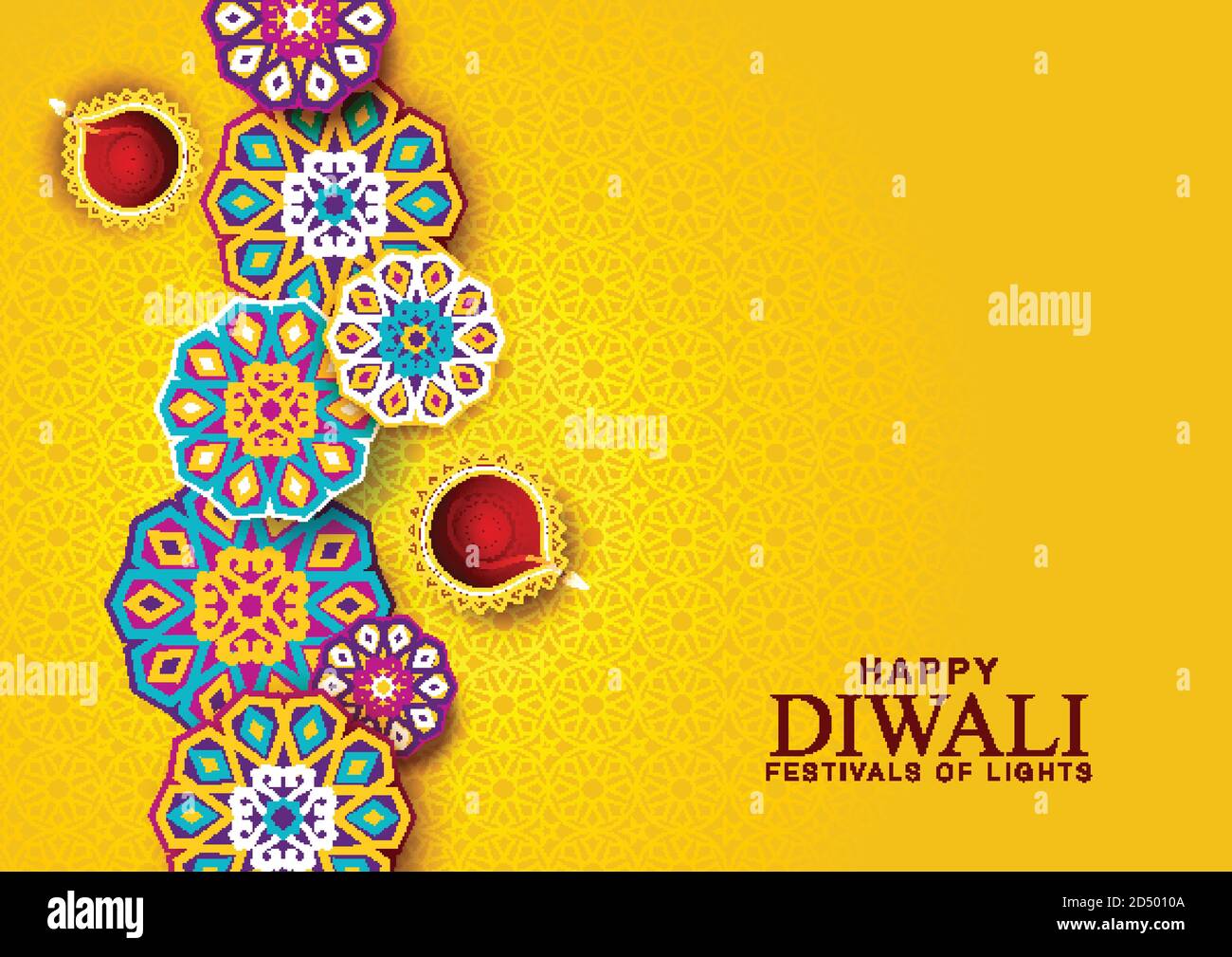 Happy Diwali celebration background. Top view of banner design decorated with illuminated oil lamps on patterned yellow background. vector illustratio Stock Vector