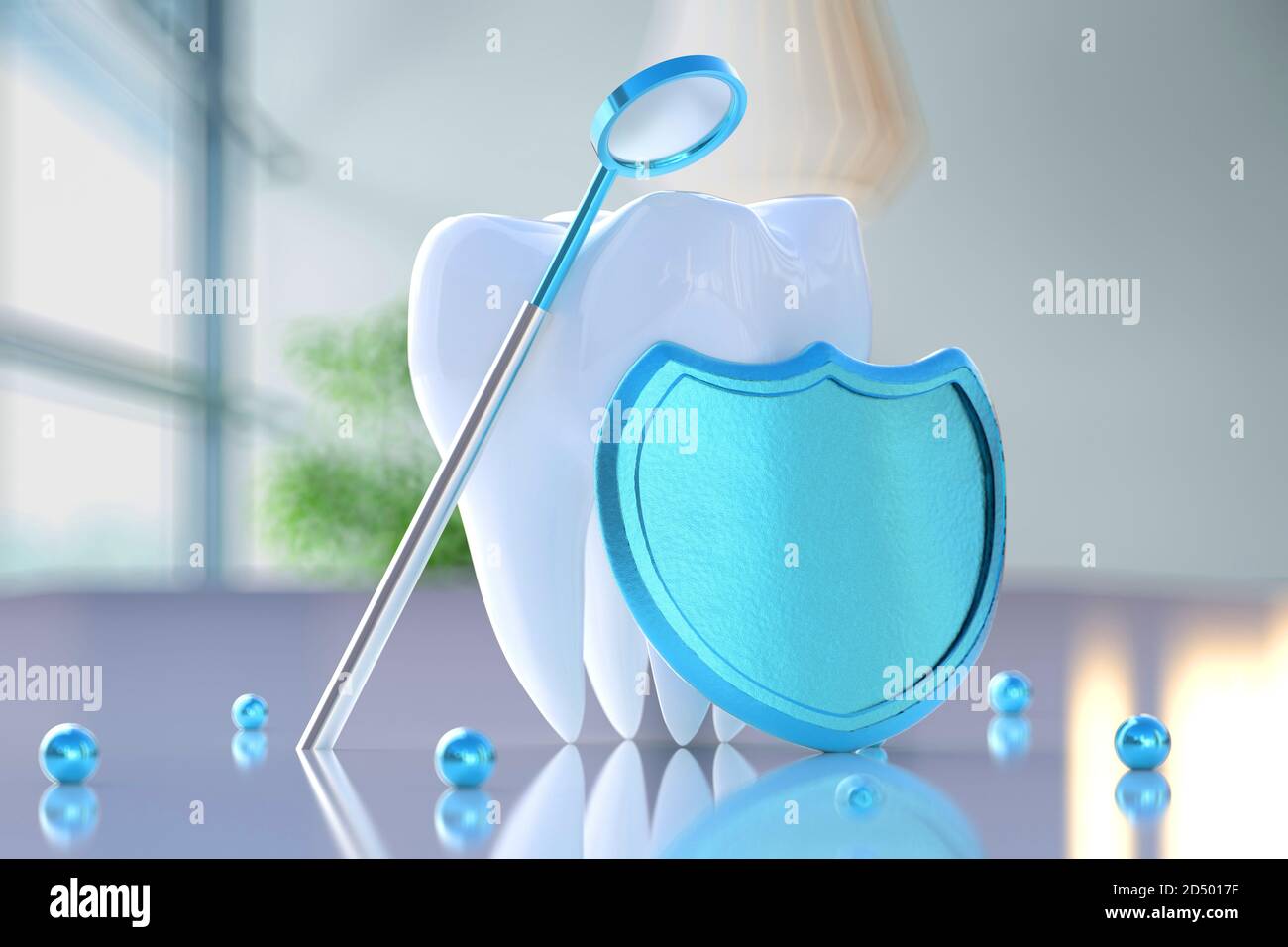 Shield with a dental mirror near a tooth. Concept of dental care and