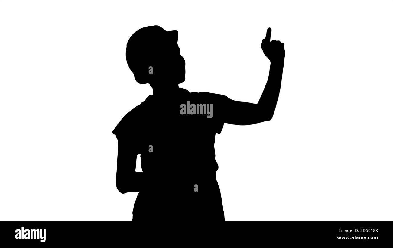 Silhouette Young smiling Worker woman pointing on imaginary butt Stock ...