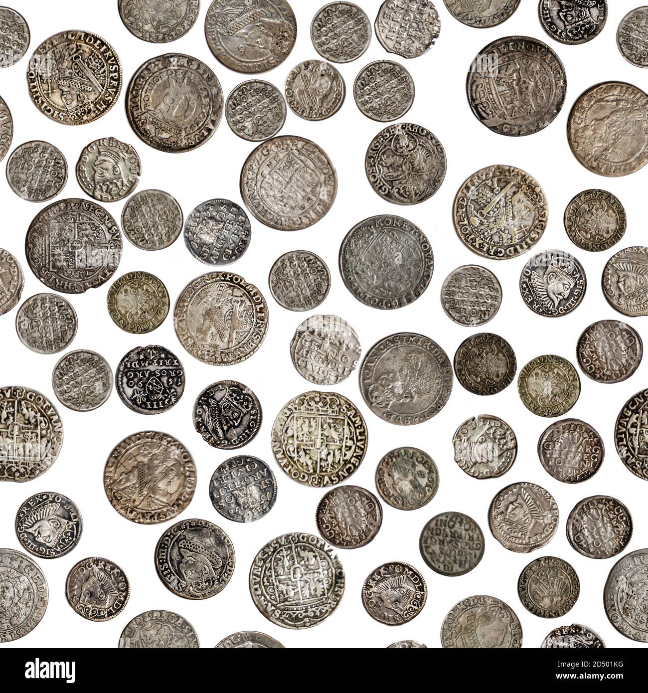 Old coins pattern. Antique silver coins of the Polish-Lithuanian Commonwealth and the Grand Duchy of Lithuania isolated on white background Stock Photo