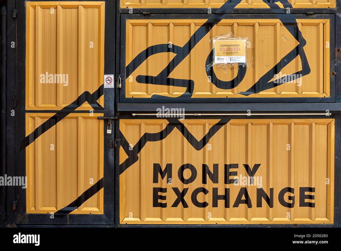 Covid business effect. Money exchange booth temporarily closed Stock Photo