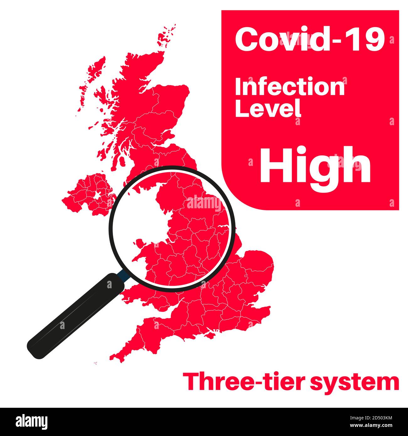 Covid-19 UK infection Level High with map and magnifying glass. Stock Vector