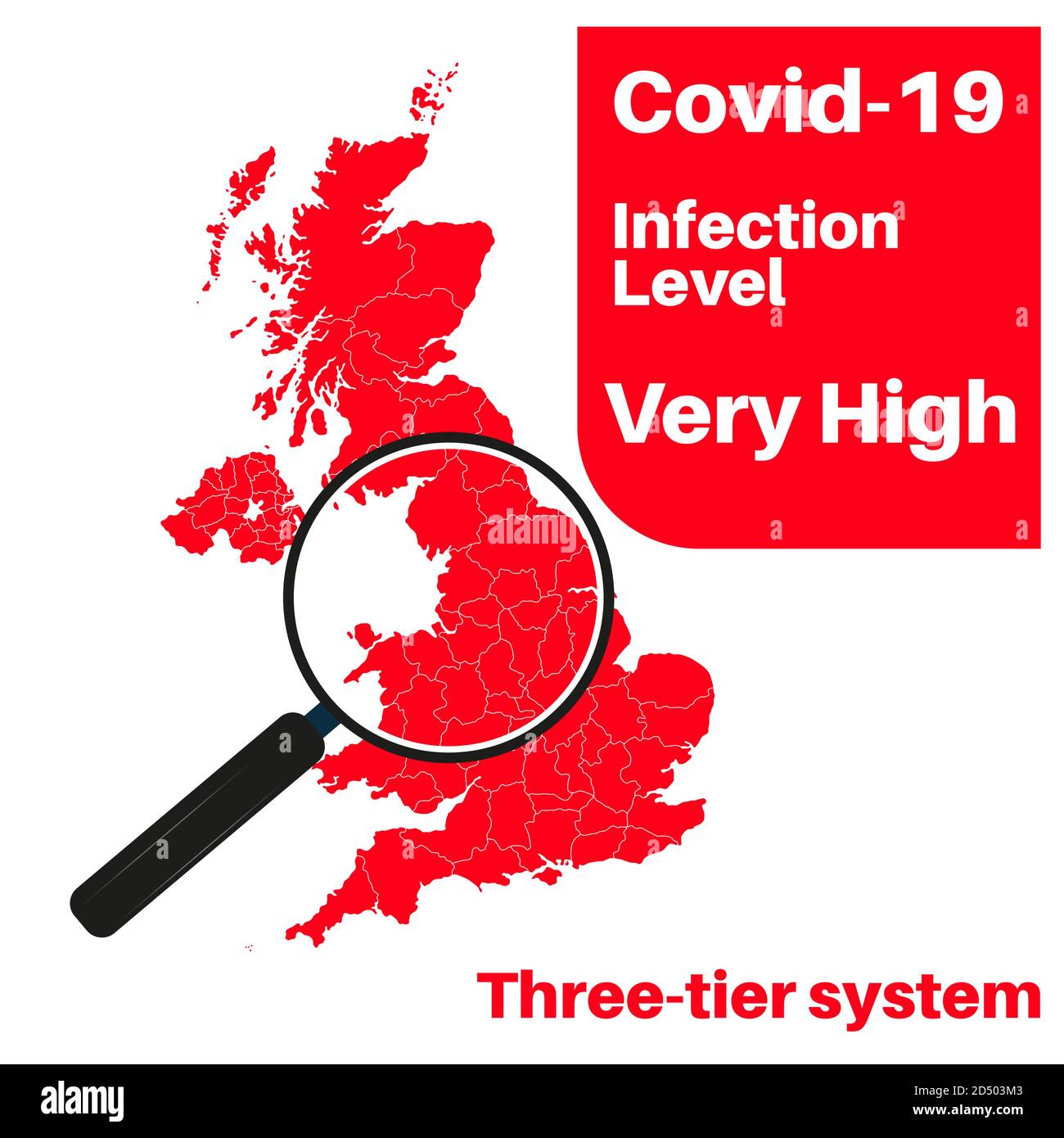 Covid-19 UK infection Level Very High with map and magnifying glass. Stock Vector