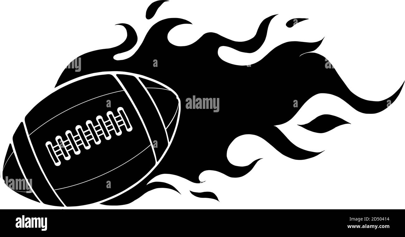 Illustration of a cartoon american football ball flying inside comet fire with burning flames black silhouette Stock Vector