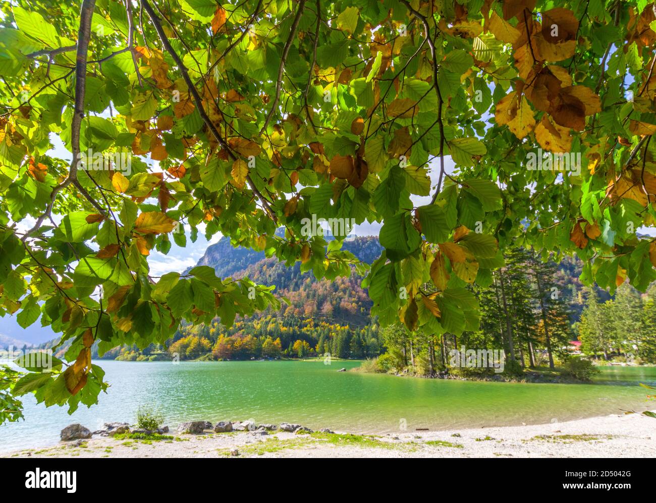 The alpine lake of Cave del Predil in Italy in a day of autumn 2020 Stock Photo
