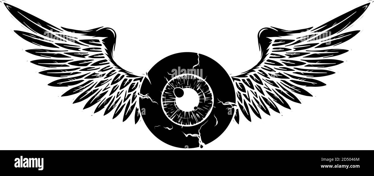 Tattoo design of a flying eyeball with wings. black silhouette Stock Vector