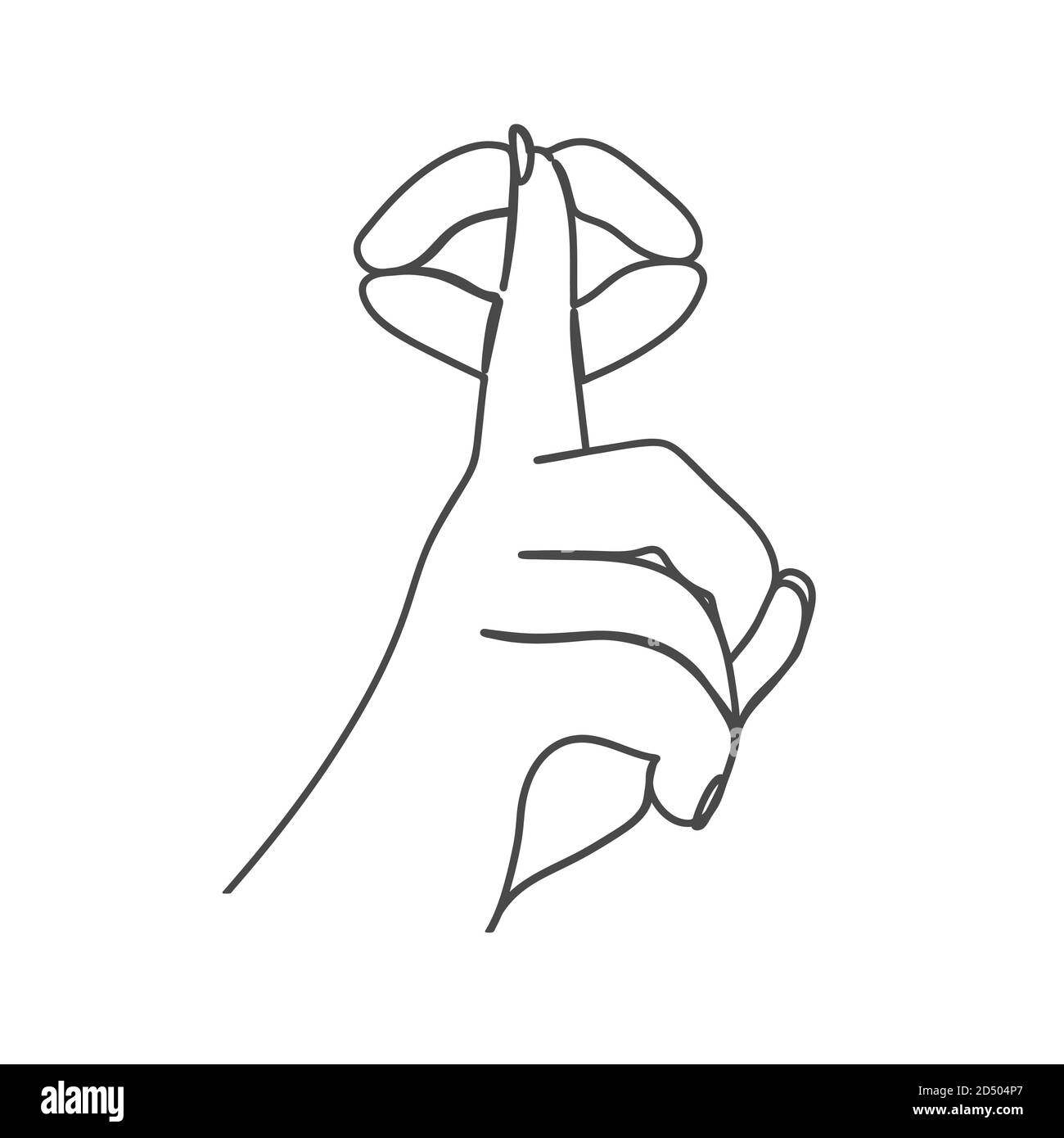 Index finger pressed to lips as a sign of silence. Drawn by hand in one continuous line. Isolated stock vector illustration. Stock Vector