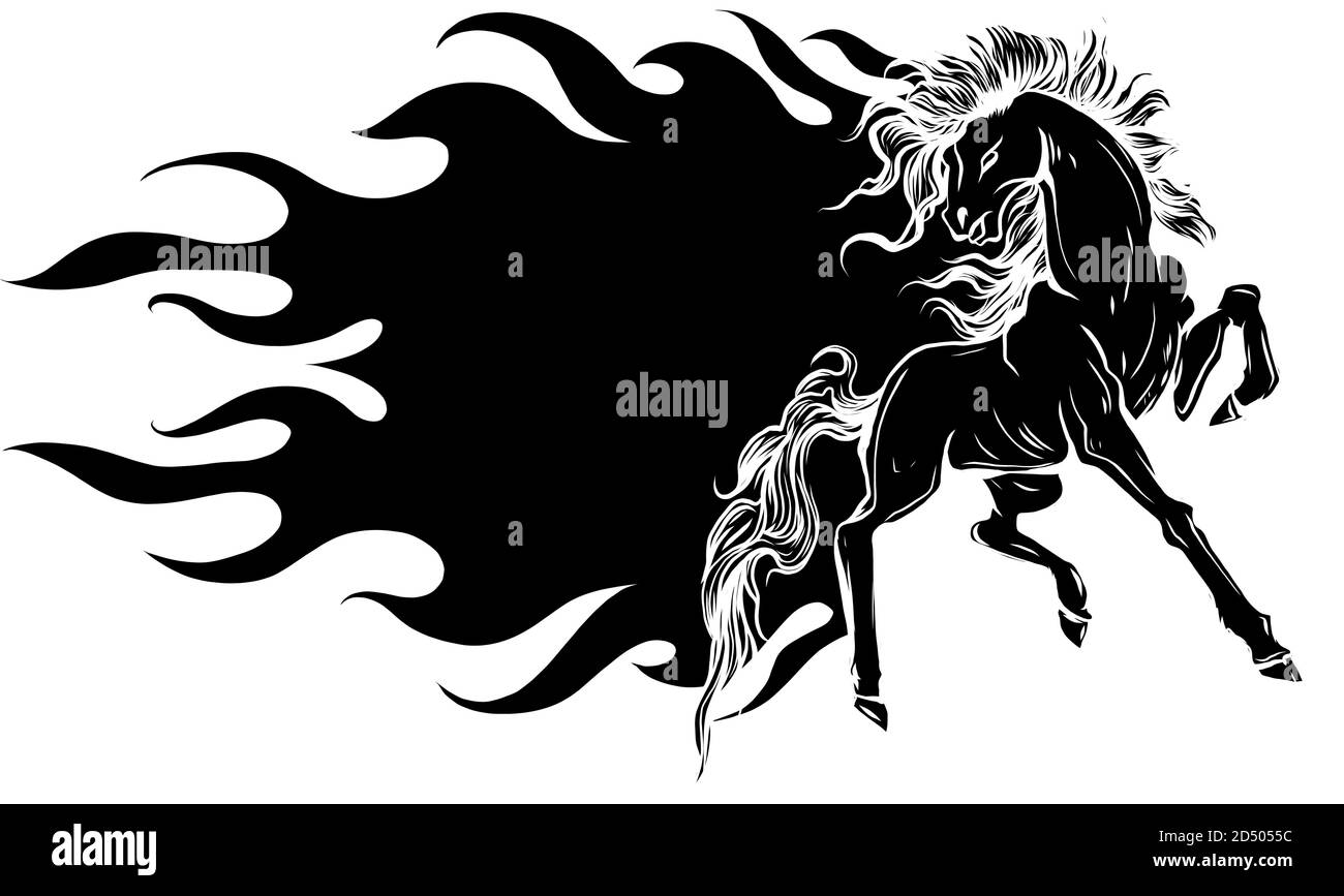 vector Beautiful fiery horse black silhouette isolated on white Stock Vector