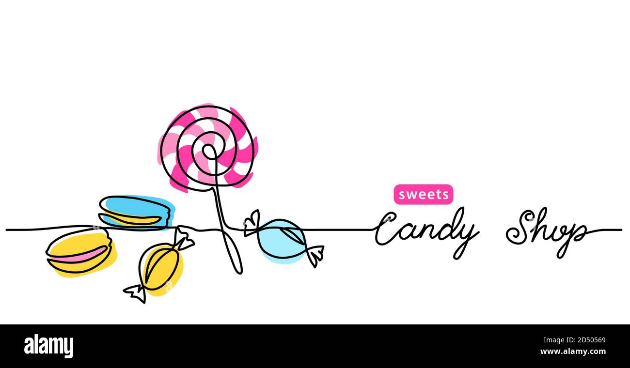 Candy shop simple vector web banner, border, background, poster. Single line art colorful illustration with text Candy shop Stock Vector