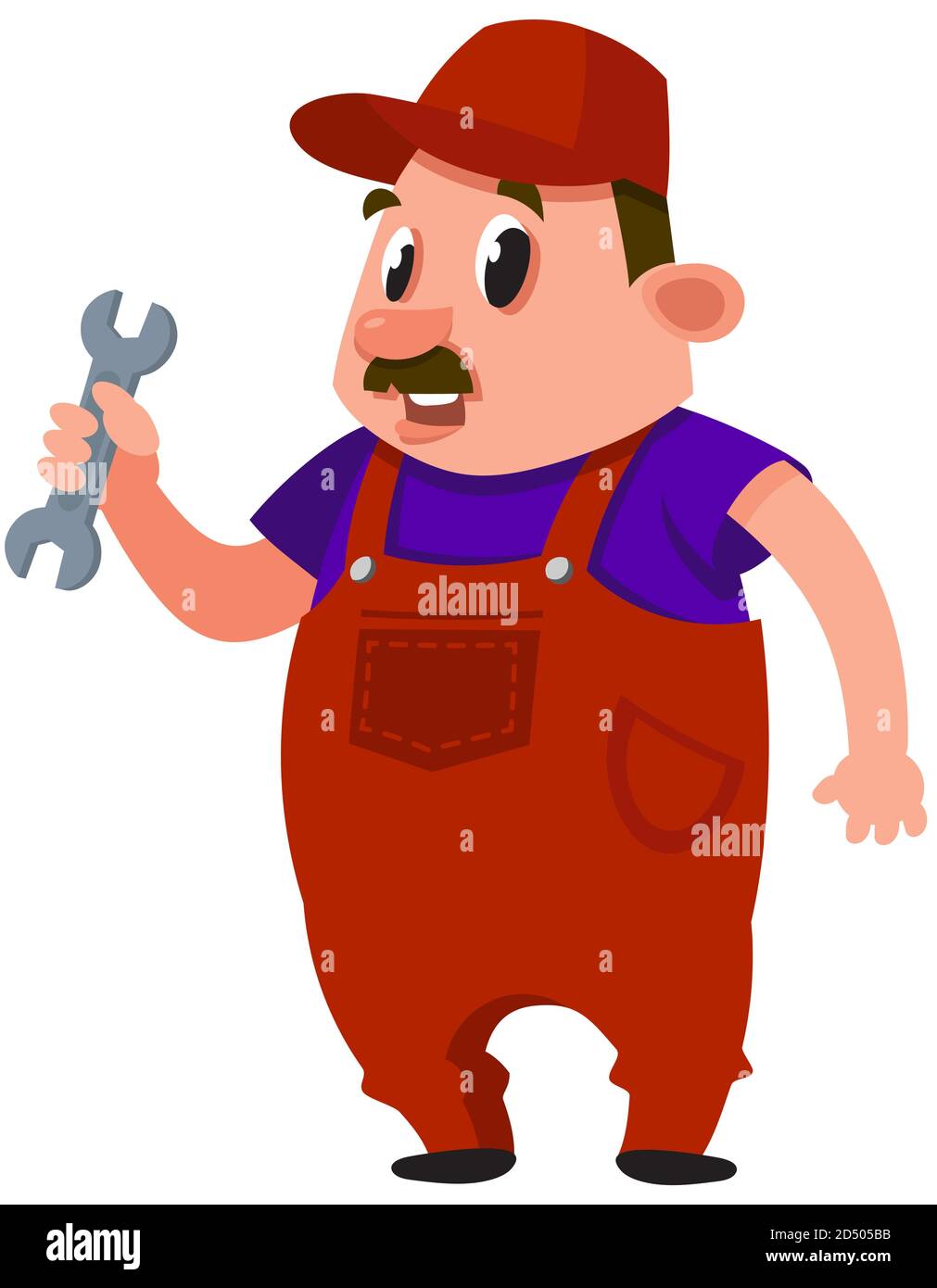 Auto mechanic holding wrench. Male character in cartoon style. Stock Vector