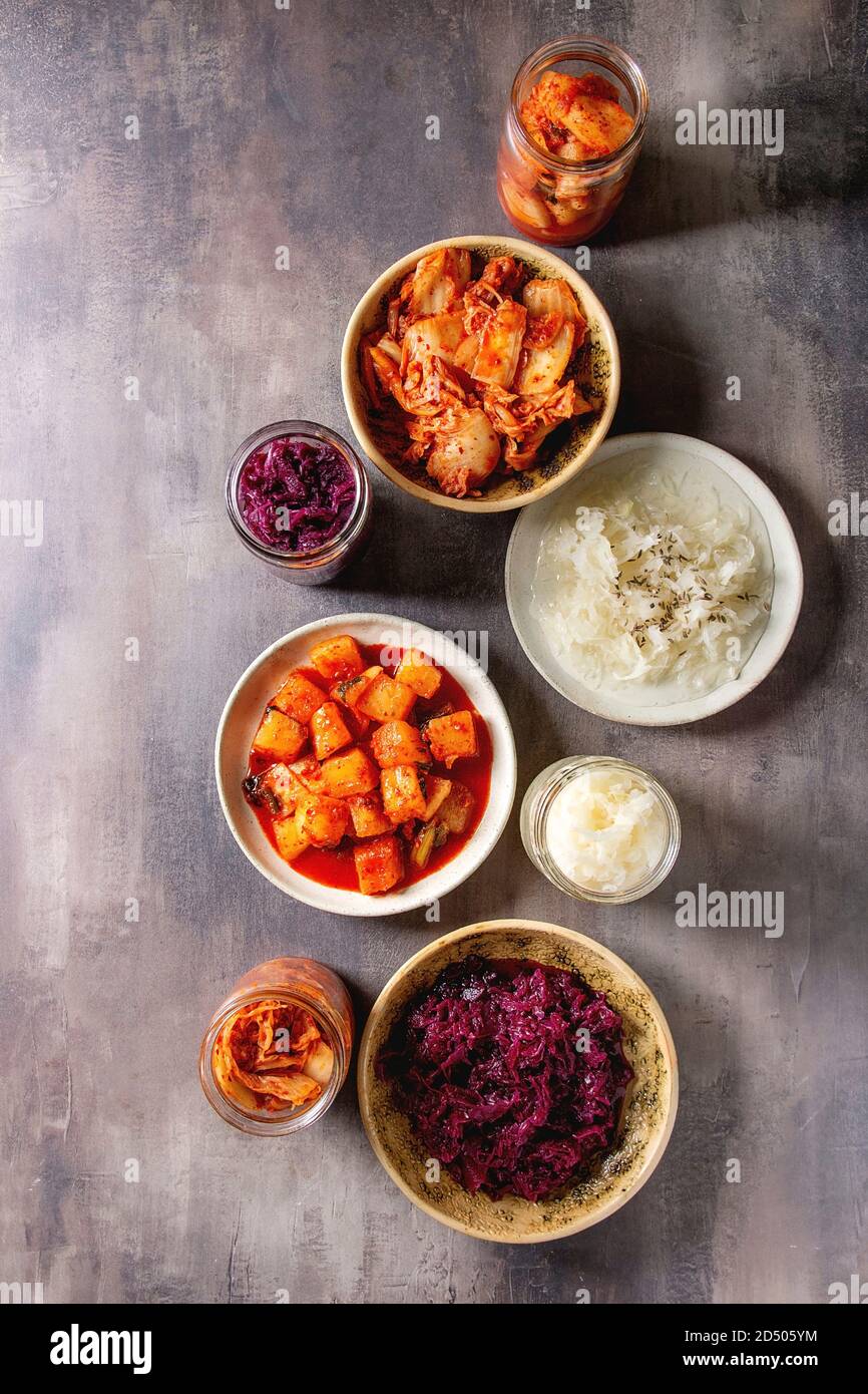 Variety of fermented food korean traditional kimchi cabbage and radish ...