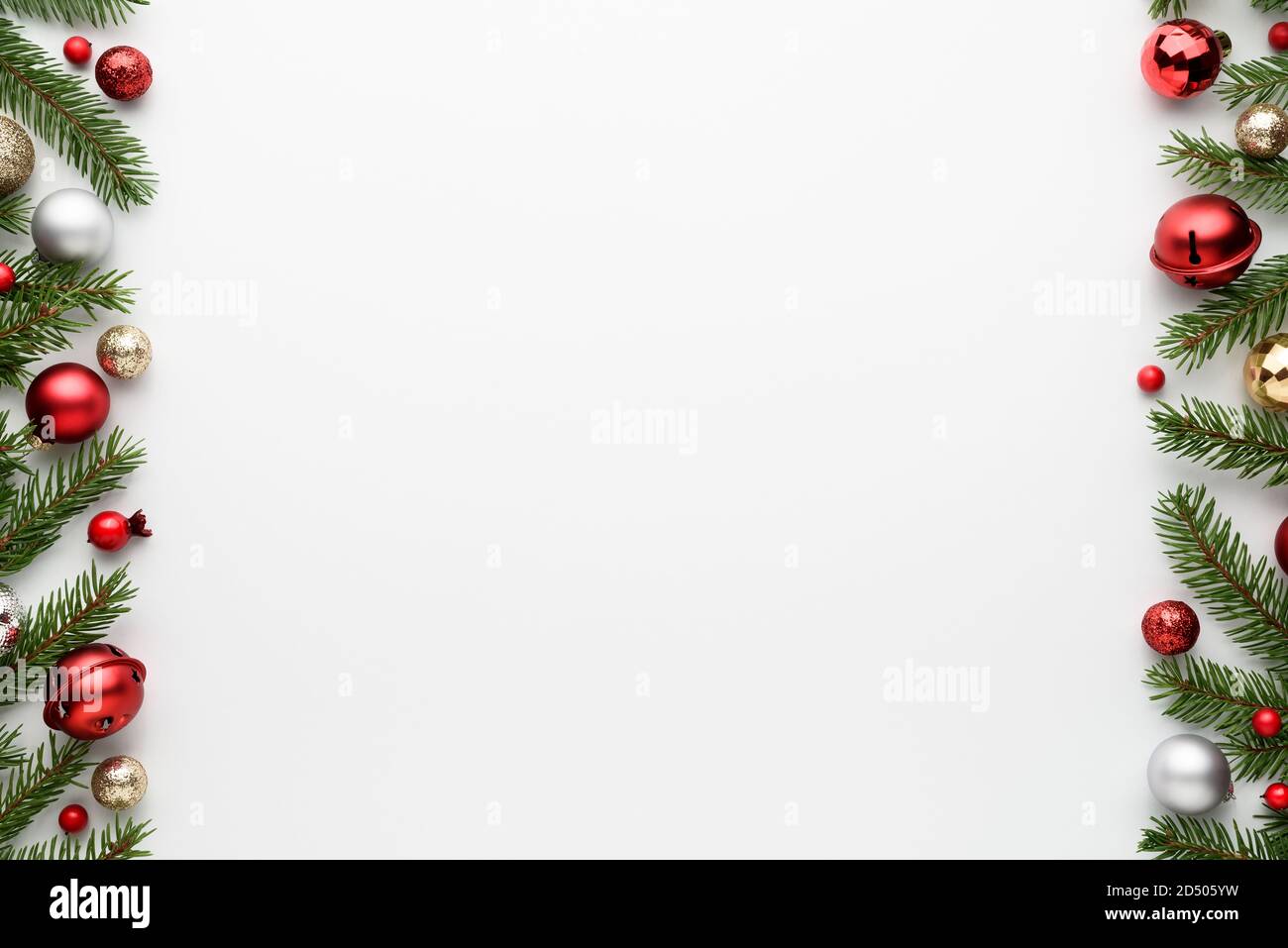 Christmas card with white background. New Year banner with copy space. Top view, flat lay Stock Photo