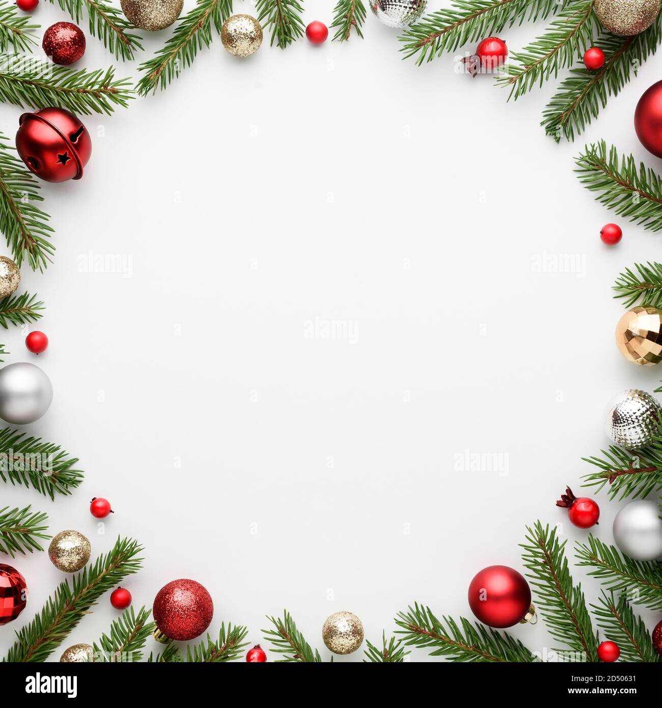 Christmas card with round frame on white background. Blank with copy space for advertising text. Top view, flat lay Stock Photo
