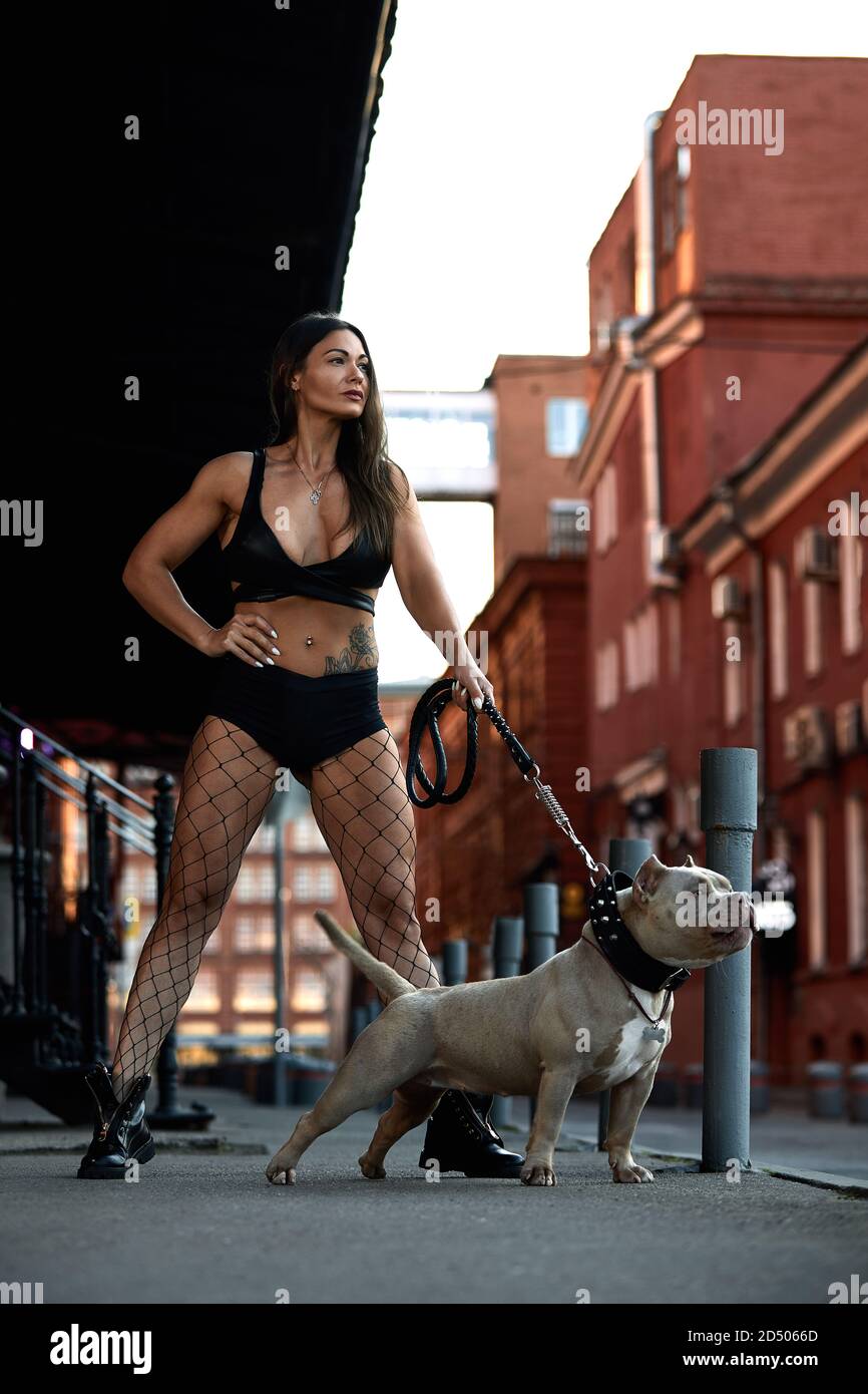 woman with an athletic figure with dog american bully on the city streets  Stock Photo - Alamy