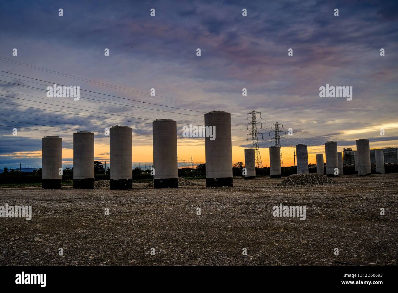 Bridge support pillars at the construction site for the ne Western Distributor Road which will join part of Preston to the M55 Motorway. Stock Photo